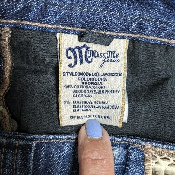 Miss Me Jeans Women 30 Bootcut Snakeskin Pocket Patches Whiskers 2-Button Zip - Picture 10 of 10